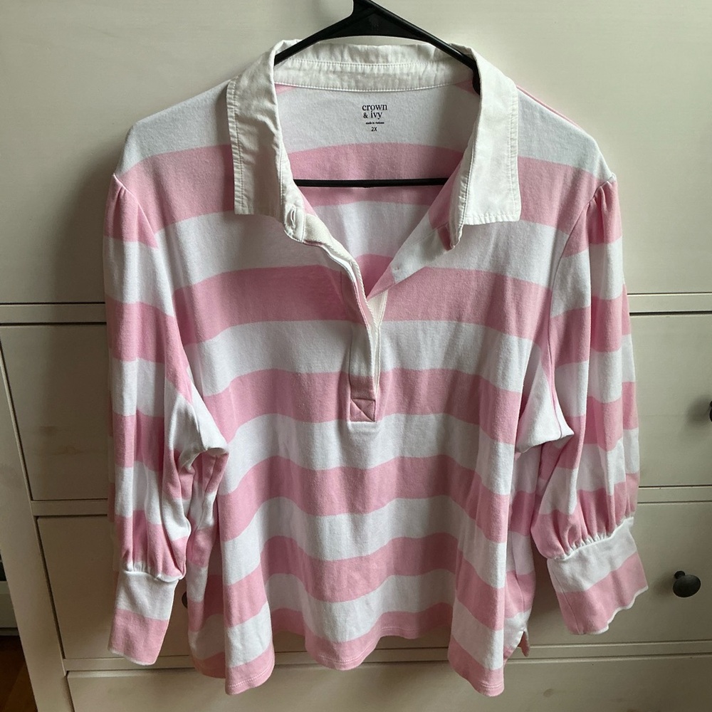 crown & ivy Pink and White Rugby Striped Top